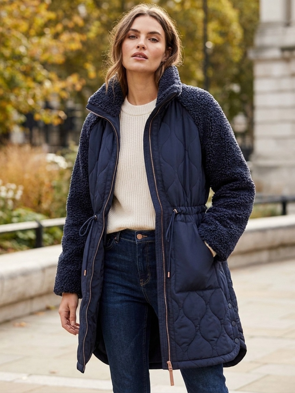 Talbots Navy Mixed-Media Quilted Drawstring Coat